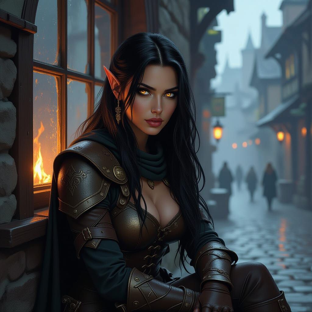 Elf Woman in Shadowed Tavern, Dark Fantasy Art