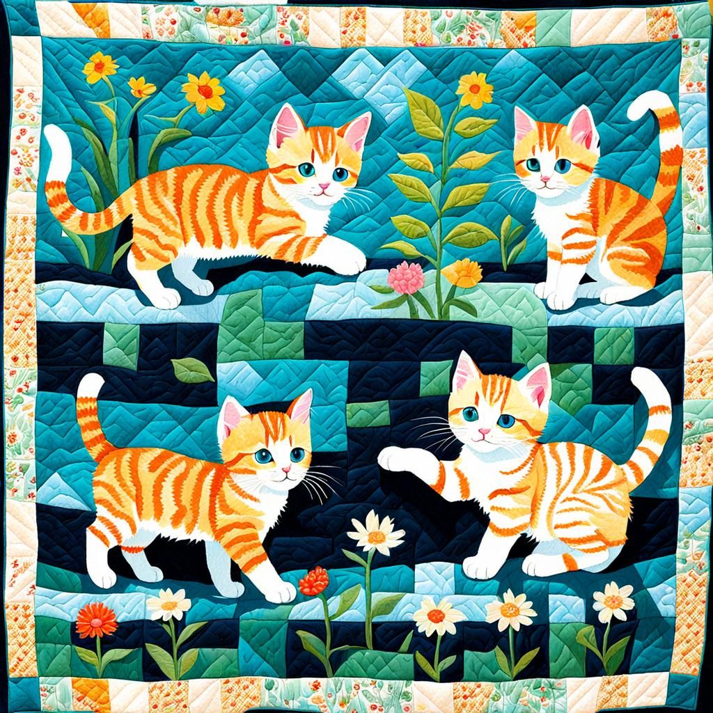 Whimsical Quilted Scene Depicts Playful Felines in a Vibrant...