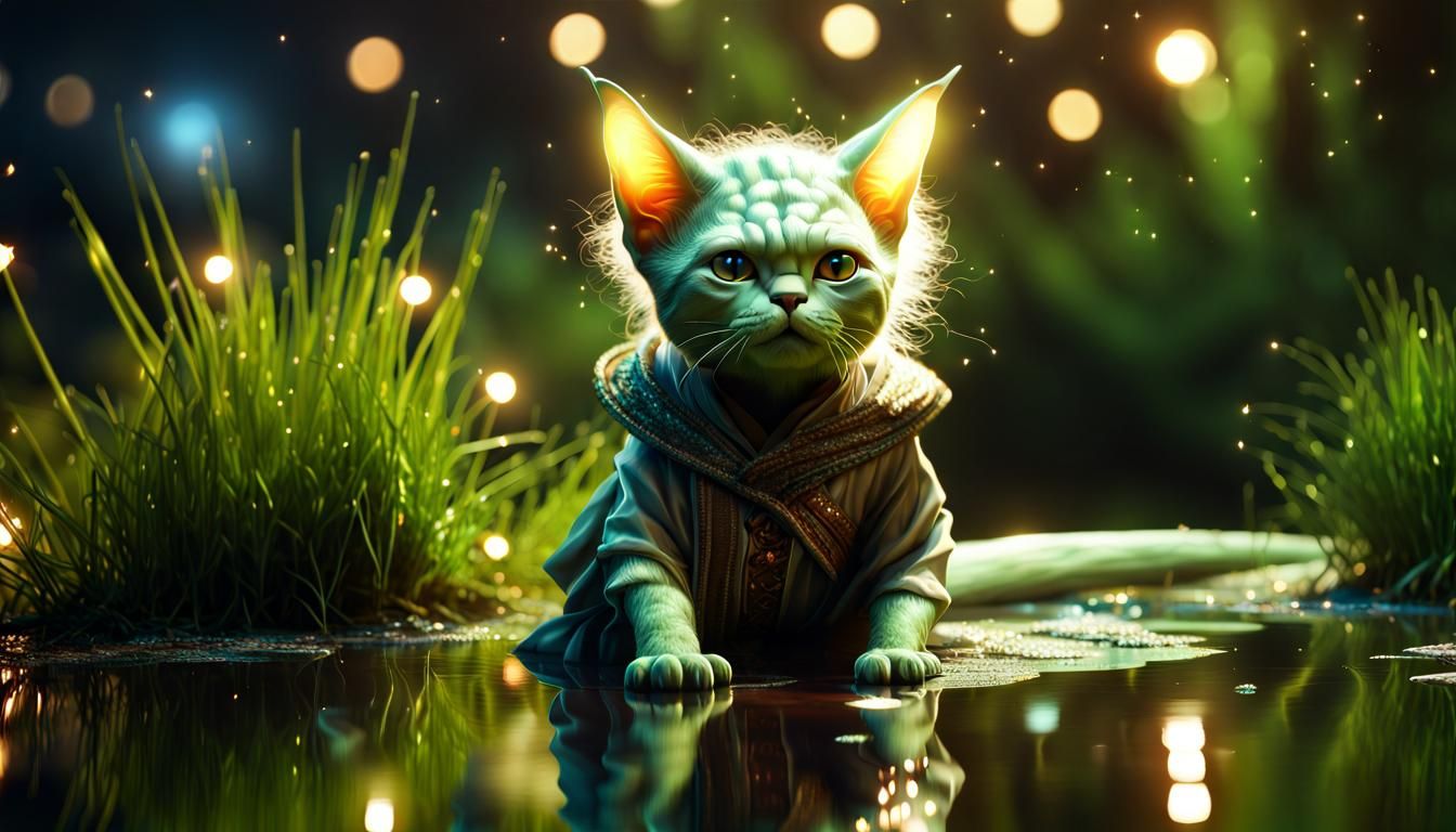 Mystical Yoda Cat in a Swampy Realm