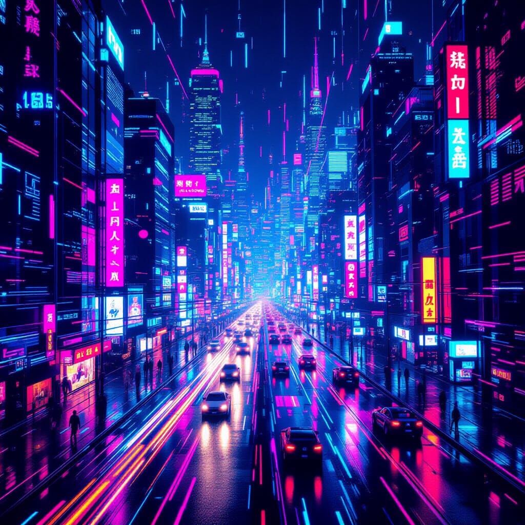 Vibrant Neon Cyberpunk Cityscape at Midnight