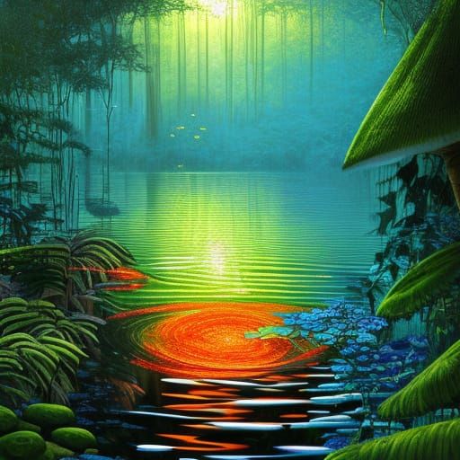 Luminescent Giant Mushroom Reflected in Jungle Lake