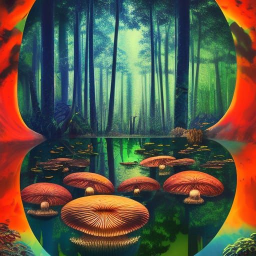 Surreal Psychedelic Landscape of Giant Mushroom in Sunset Ju...