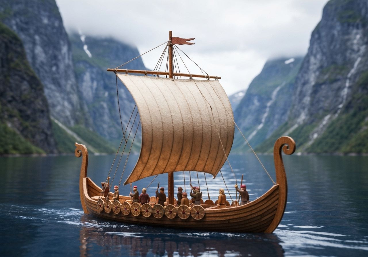 Miniature Viking Longship Diorama Sailing Through Fjord