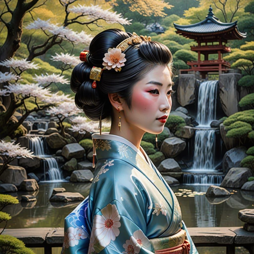 Cheerful Geisha in Traditional Japanese Ink Painting Style