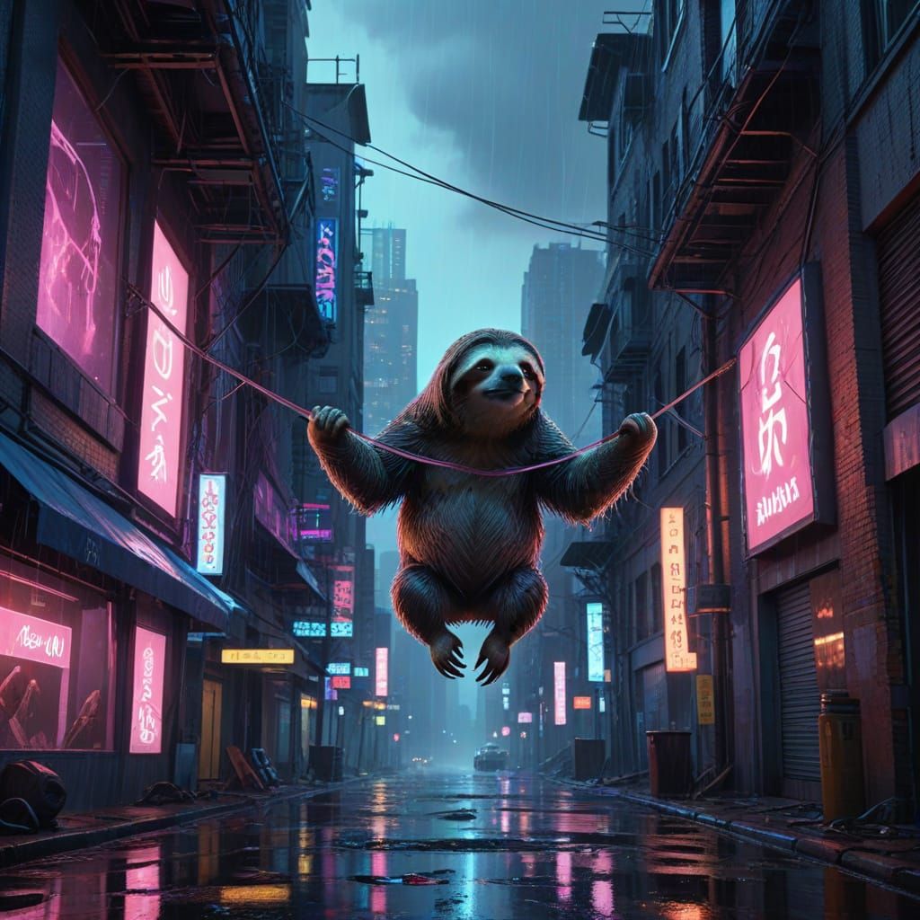 Cyberpunk Sloth on Clotheslines Above Rainy Neon City
