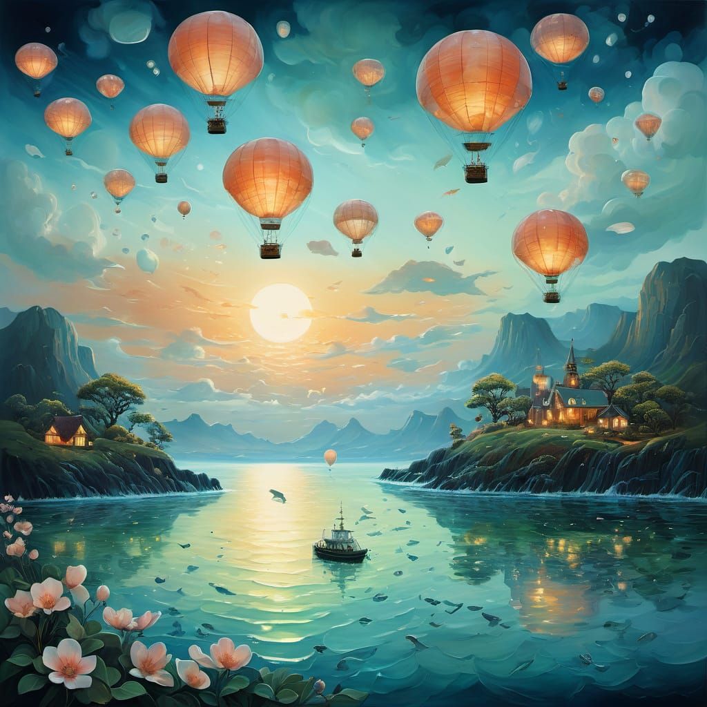 Surreal Airships and Glass Balloons in Dreamy Oil Painting