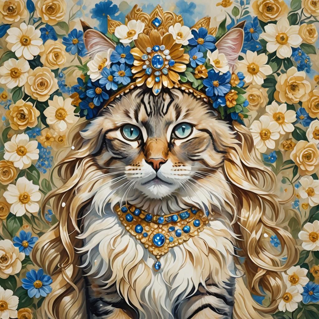 Regal Feline Muse in Vibrant Gouache Splendor