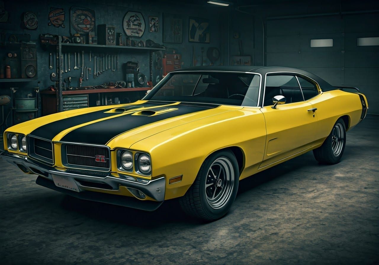 Vibrant 1970s American Muscle Car in Retro Garage