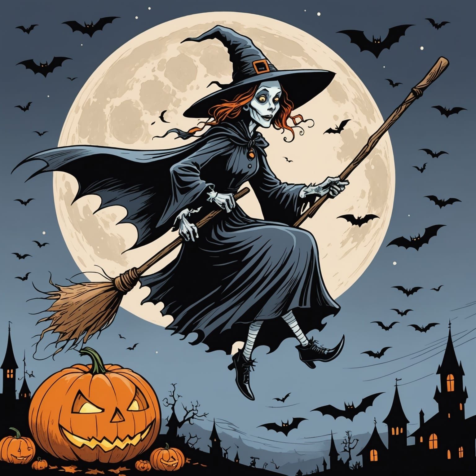 Surreal Cartoon Witch Rides Broom Under a Bright Orange Pump...