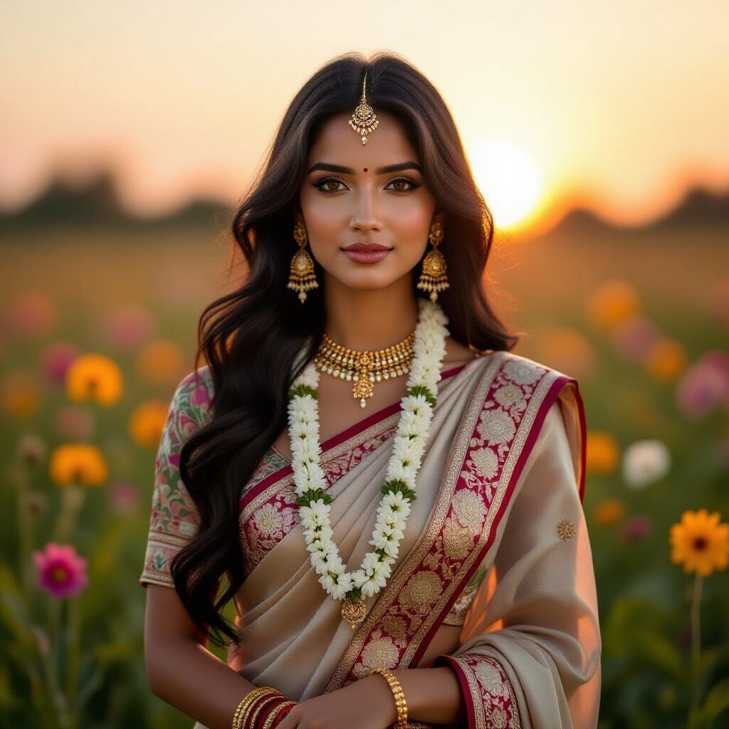 Indian Woman in Wildflower Field, Hyper-Realistic Digital Ar...