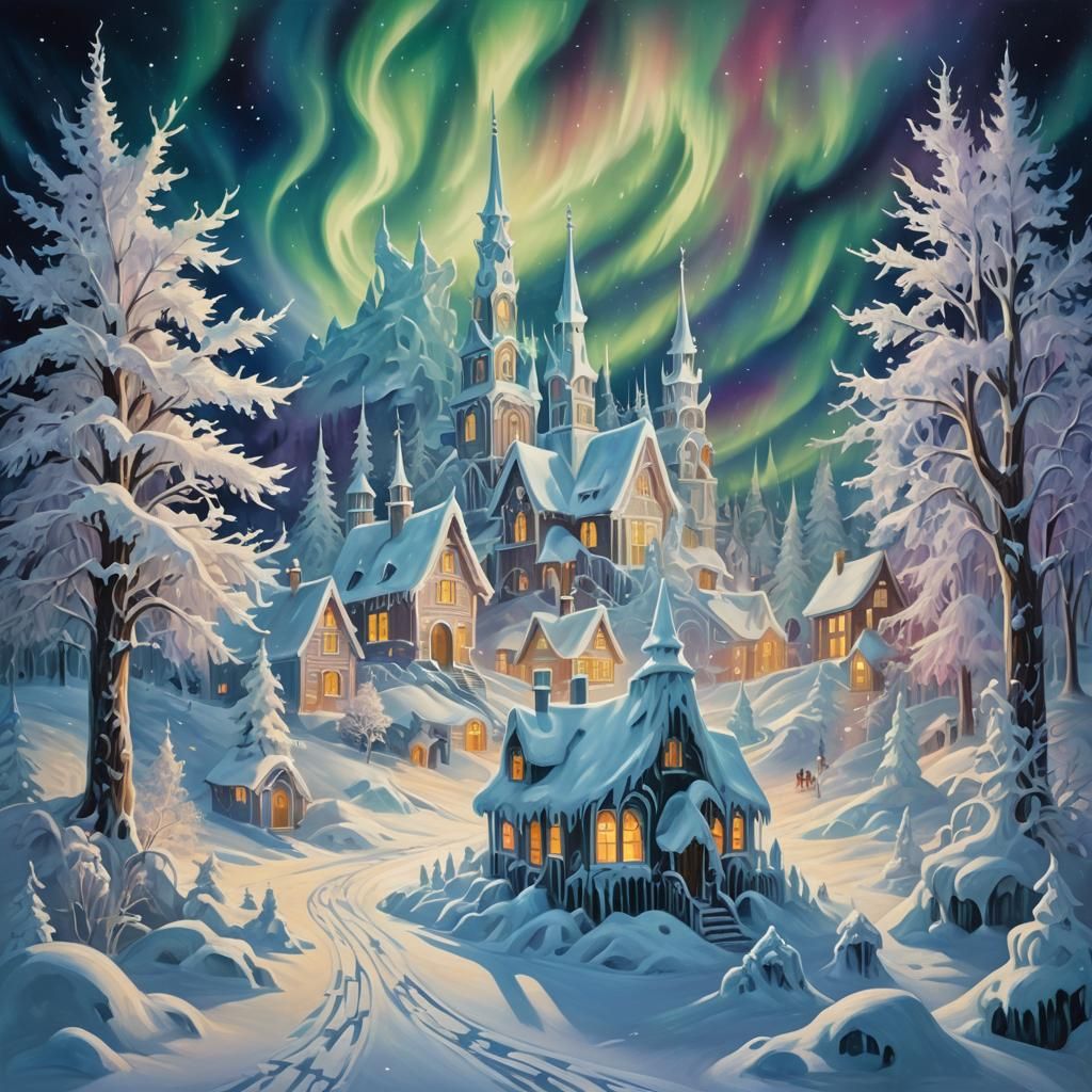 Surreal Winter Scene in Vibrant Oil Painting Style