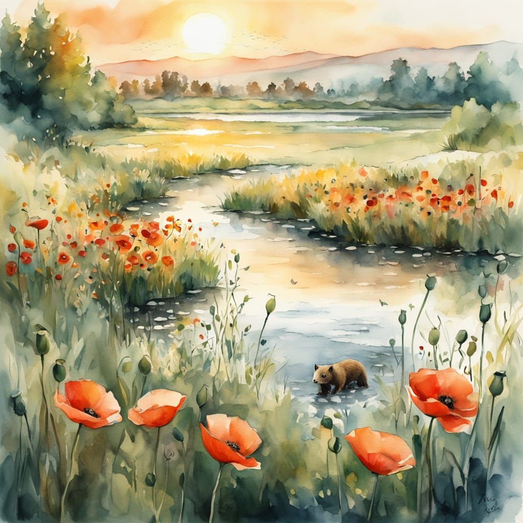 Watercolor Sunrise Over Cityscape with Poppy Meadow