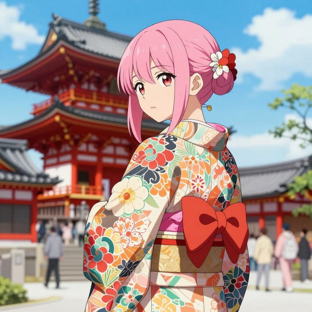 Anime Girl With Pink Hair And Japanese Tattoo Kimono