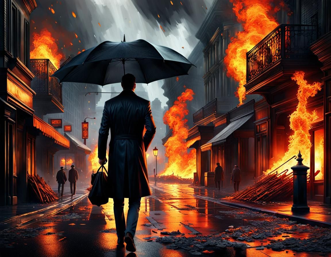 Man Under Surreal Storm of Flames