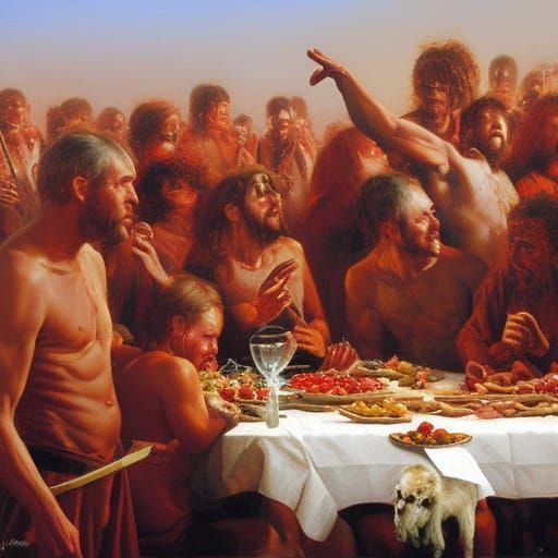 Cannibalism Scene in a Brutal Oil Painting Manner