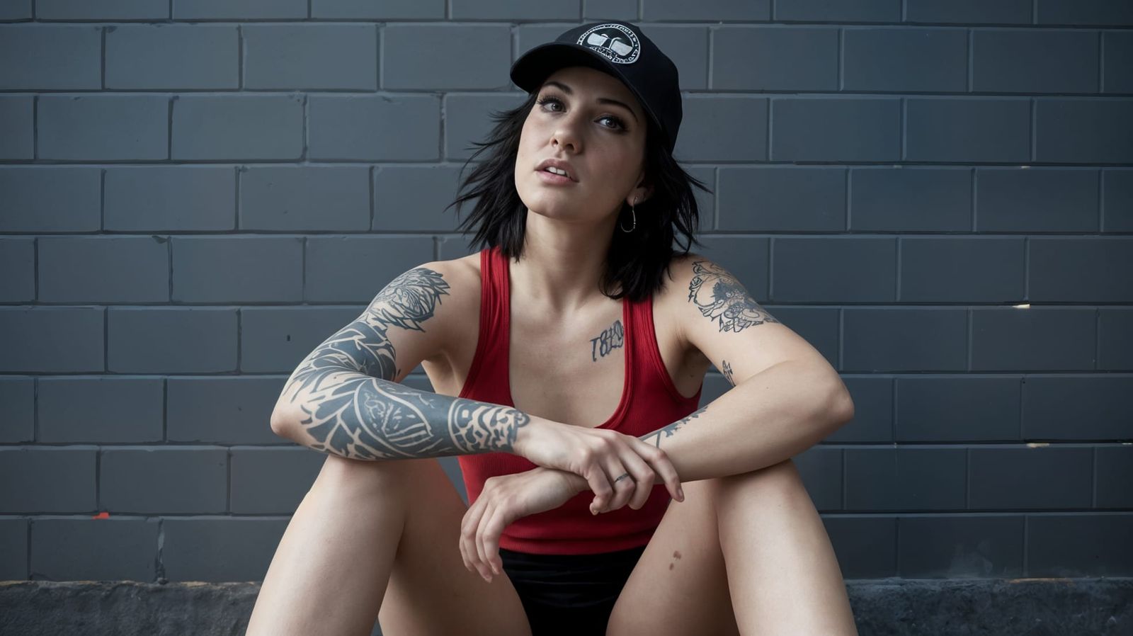 Photorealistic portrait of a tattooed woman seated against a grey brick wall, wearing a red tank top and a black basebal...