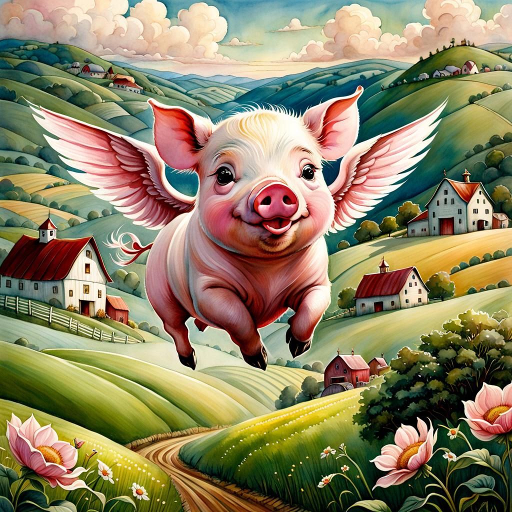 Fantasy Whimsy: Pigs Soar Over Dreamy Watercolor Landscape