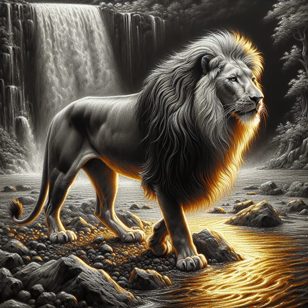 Majestic Lion in a Tropical Jungle Oasis