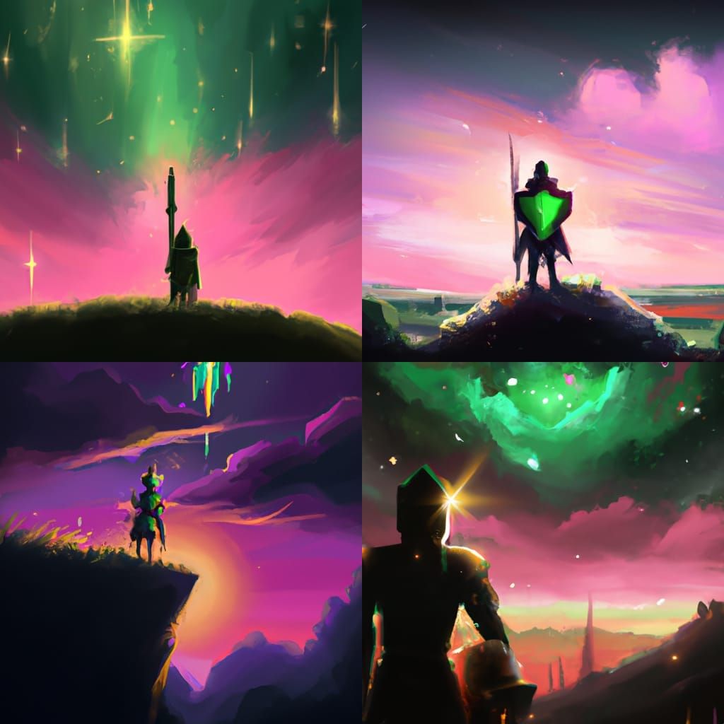 Knight Contemplating Celestial Wonders in Vibrant Night Sky