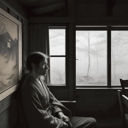 Weary Travelers in a Smoky Cabin, Moonlit Landscape Beyond