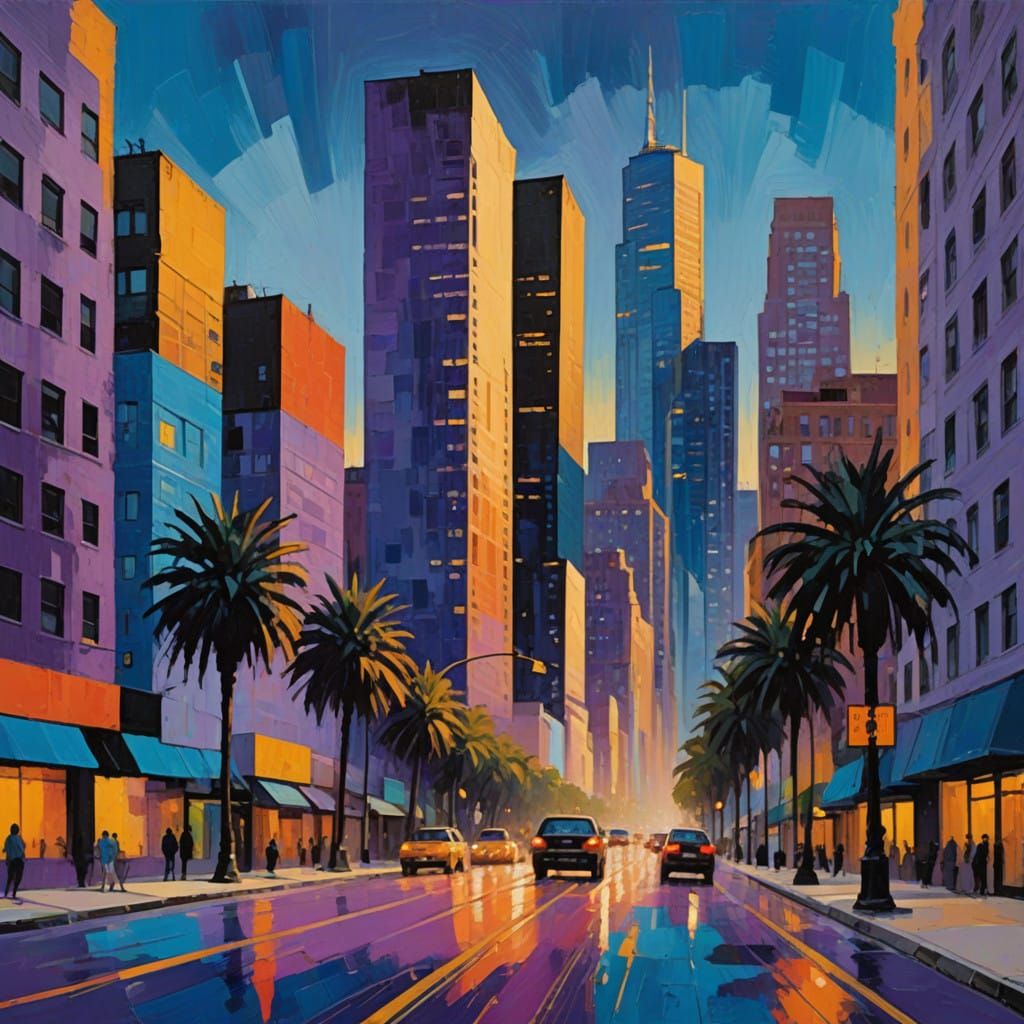 Vibrant LA Boulevard Sunset with Skyscrapers and Palm Trees