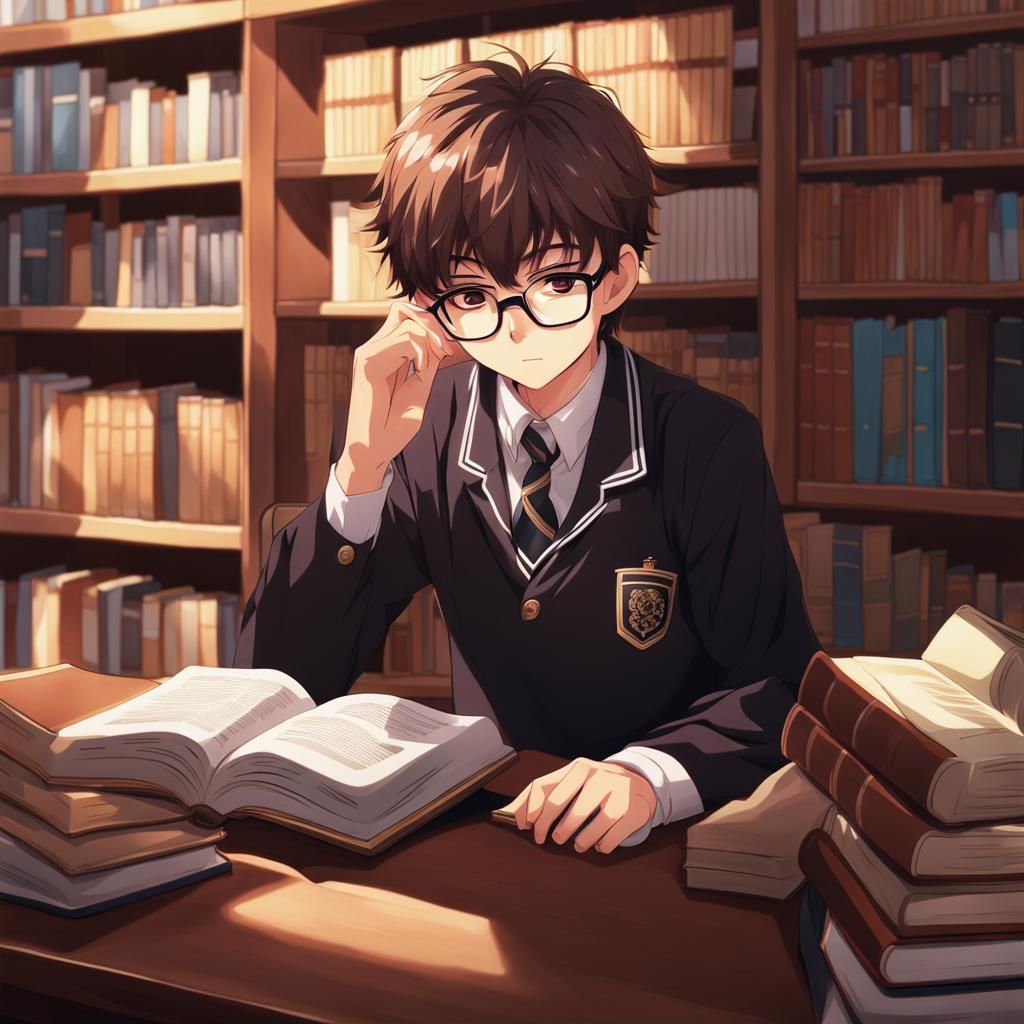 Cute Anime Boy Reads in Library