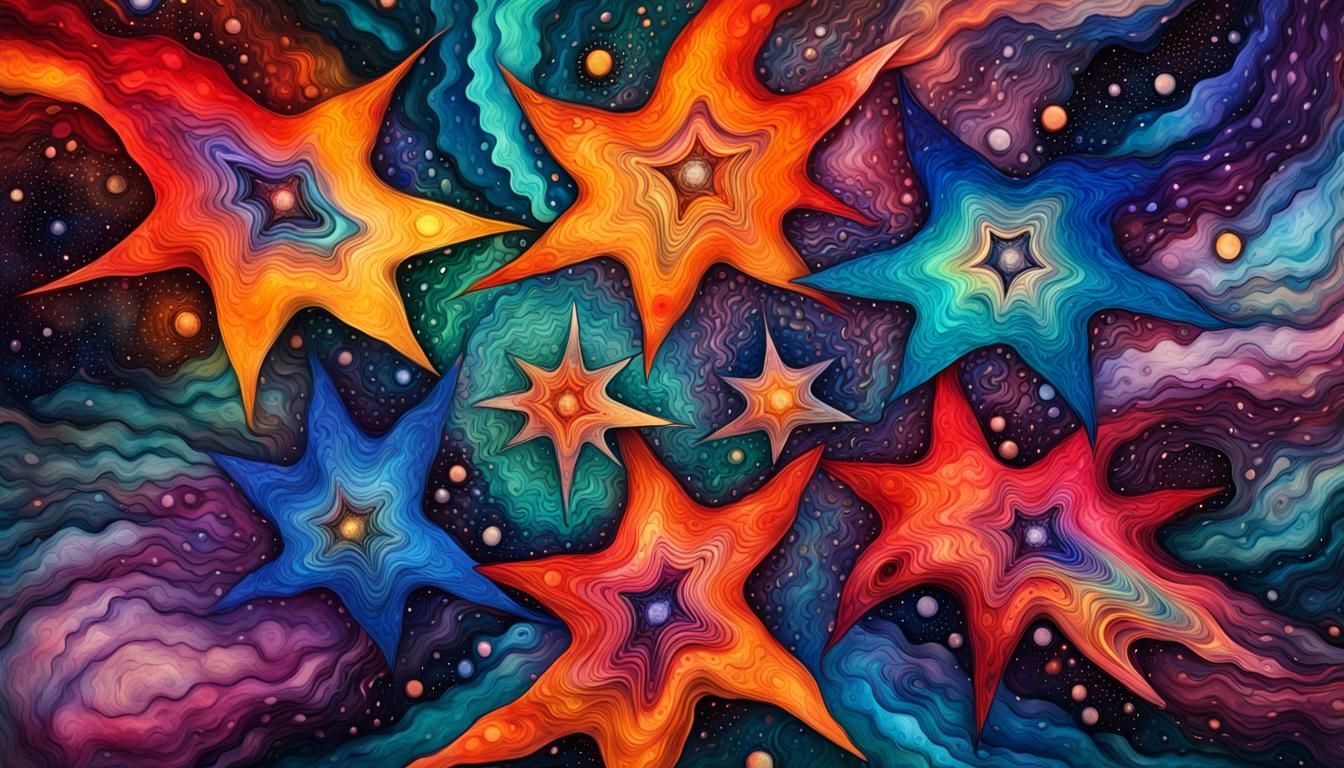 Surreal Cosmic Stars in Vortex of Colors - Impasto Oil Paint...