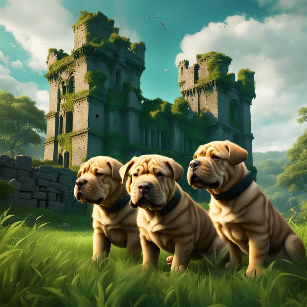 Fantastical Emerald Realm with Shar Pei Puppies and Irish Ca...