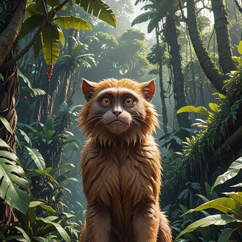 Whimsical Feline-Banana Hybrid in Jungle Landscape