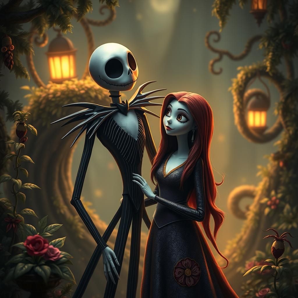 Jack Skellington and Sally in Whimsical Fantasy Landscape