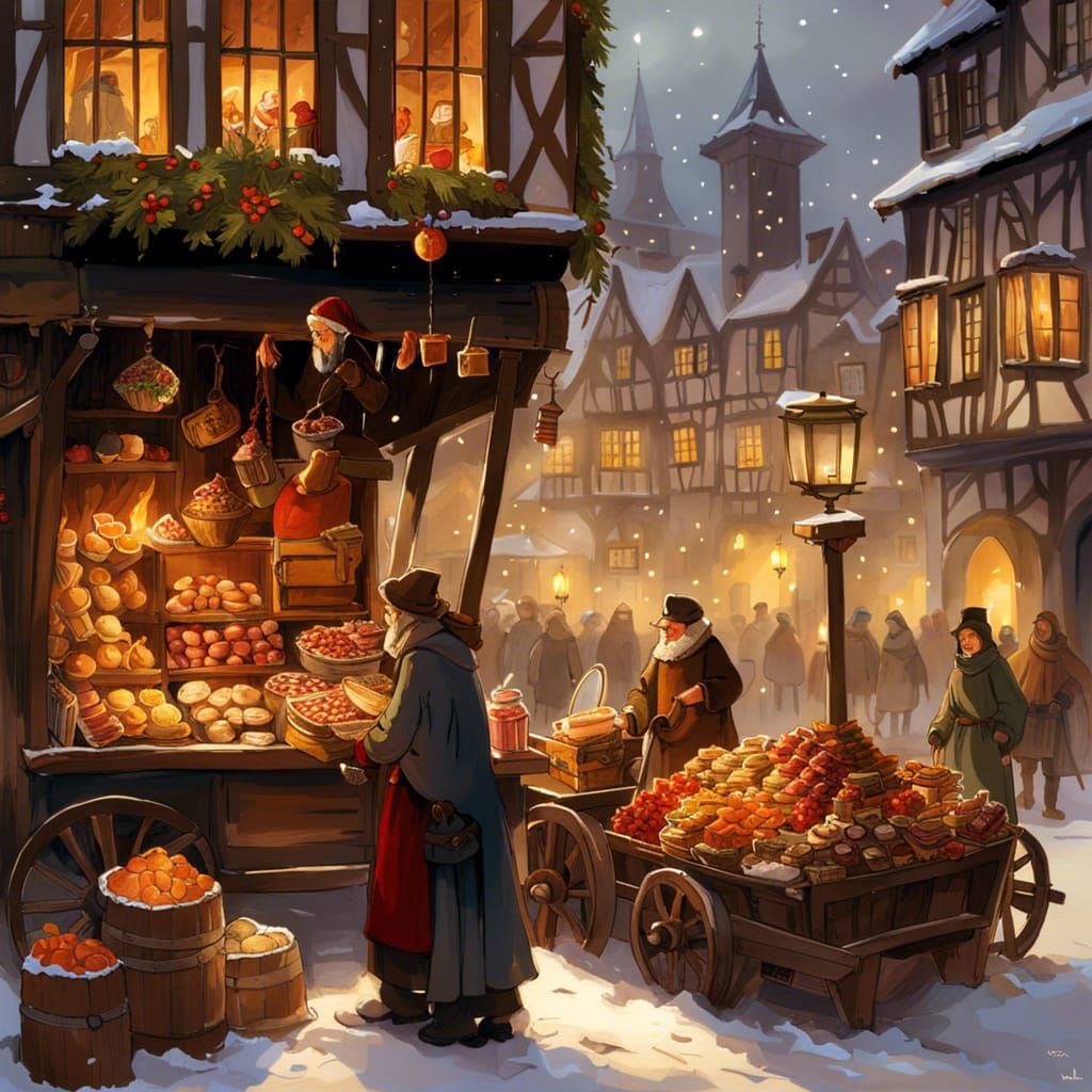 Medieval Christmas Market Scene in Naive Art Style
