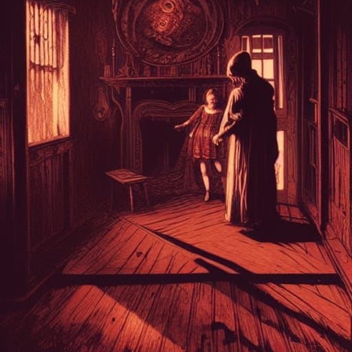 Victorian Children in a Haunted Mansion Scene, Creepy Woodcu...