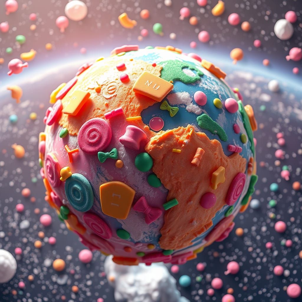 Vibrant Candy Earth in Space, Fantastical Art Style