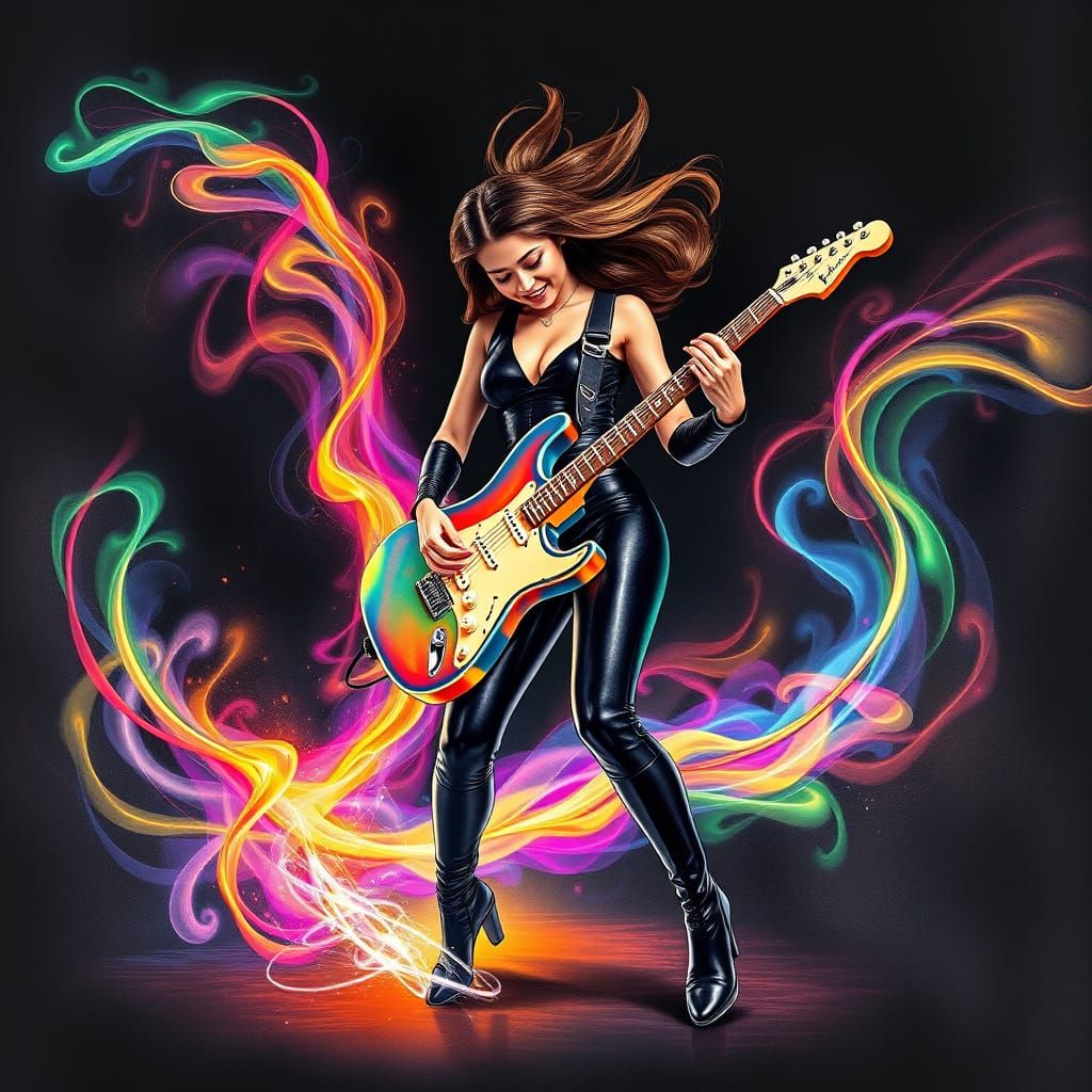 Joyful Guitarist in Catsuit Playing Transparent Guitar