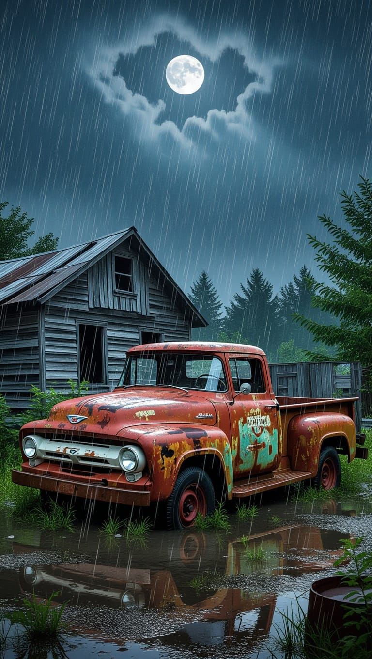 Vintage Truck in Rainy Junkyard, Atmospheric Sci-Fi Art