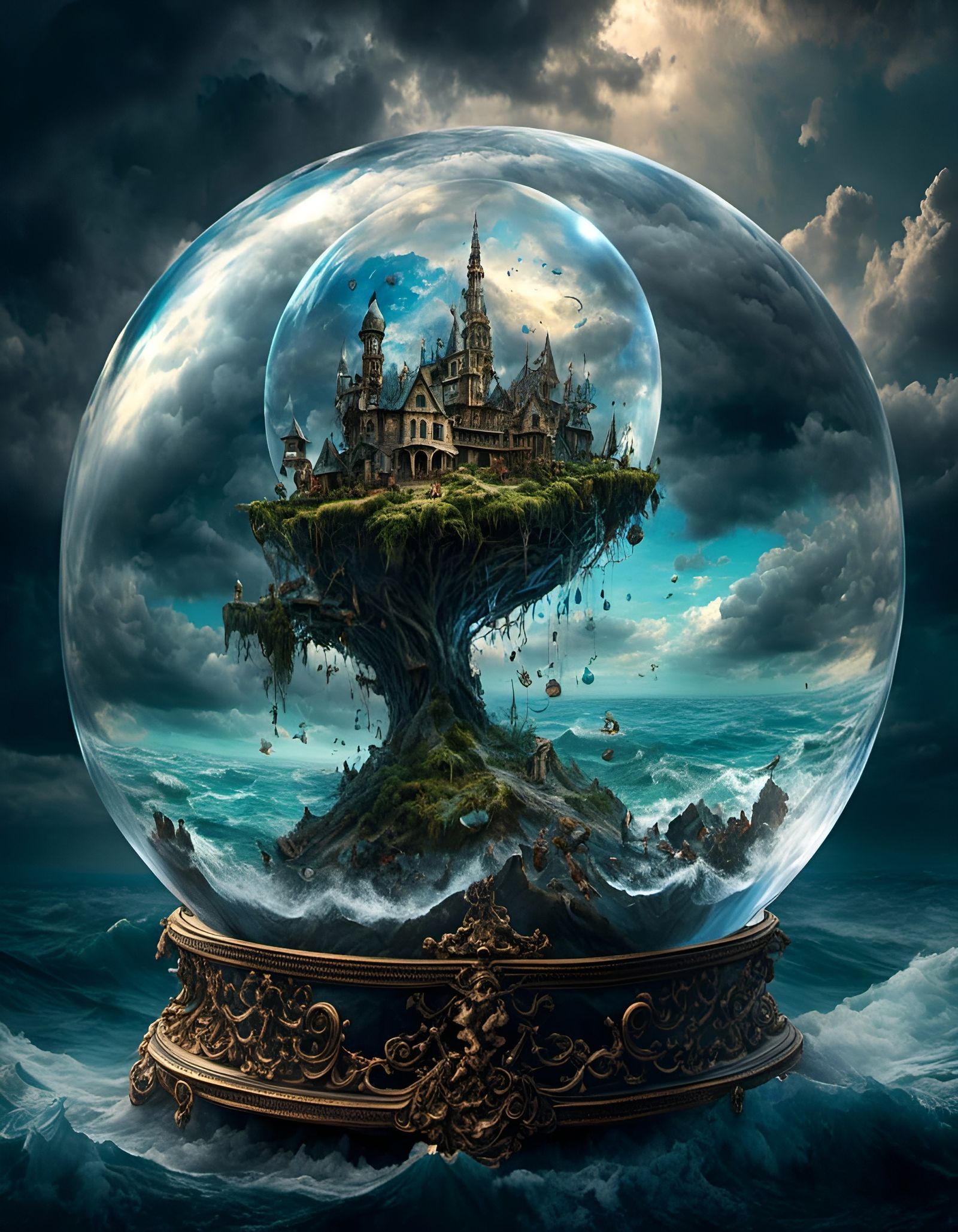 Ethereal Hyperrealistic Visions Within a Stormy Crystal