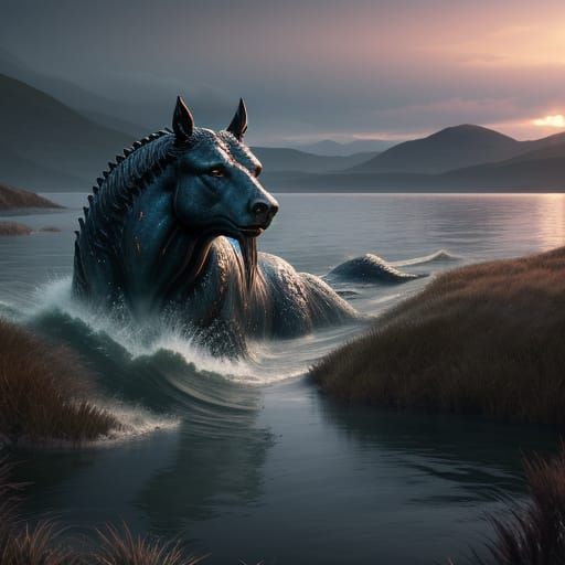 Surreal Lochness Landscape in Cyberpunk Style