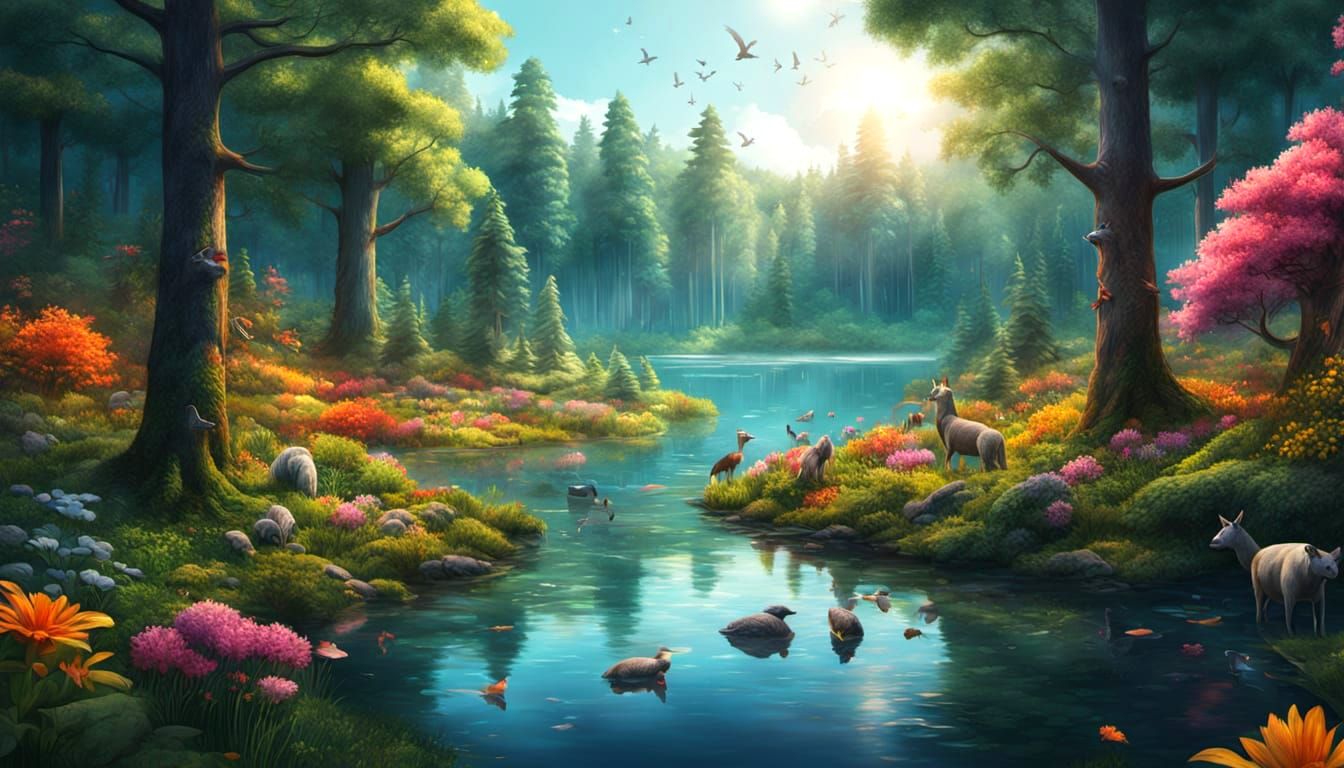 Hyperrealistic Sunrise Over Lake with Forest