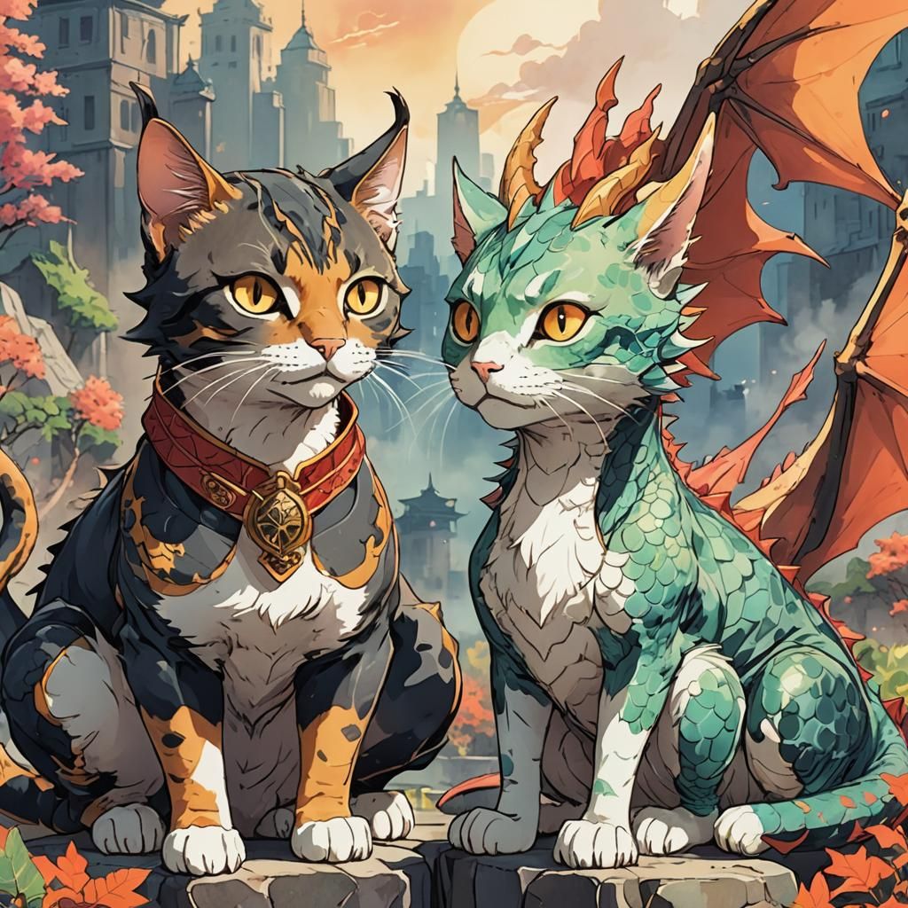 Anime-Inspired Masterpiece: Cat and Dragon Friendship