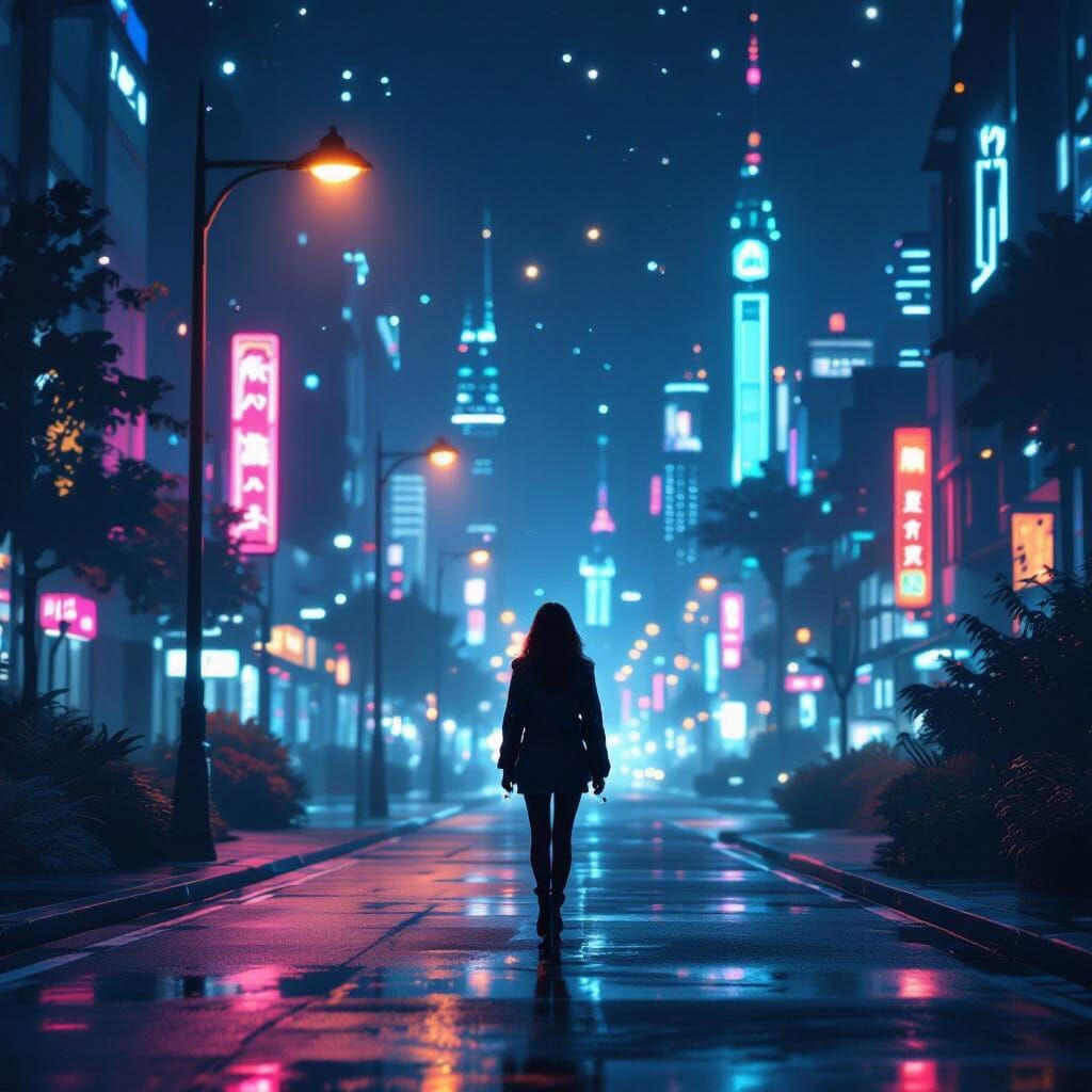 Cyberpunk Night Scene with Neon Street Lights