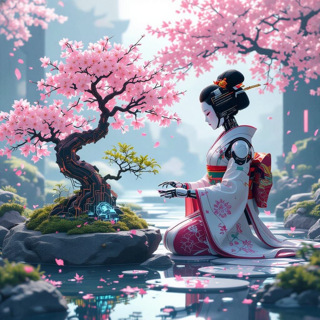 Robotic Geisha in Futuristic Zen Garden, Cyberpunk Aesthetic