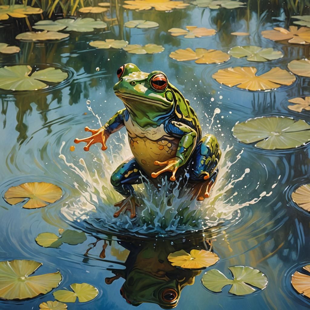 Frog Diving into Pond, Fauvist Expressionism Meets Photoreal...