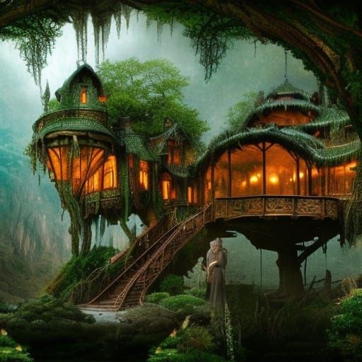 Stunning Elven Treehouse in Maximalist Digital Painting