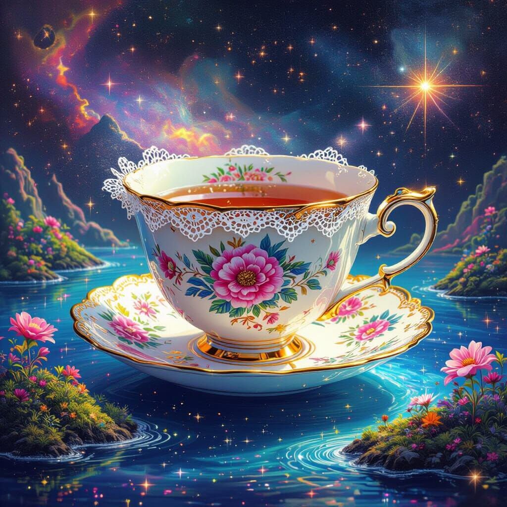 Teacup Floating Through Cosmic Dreamscape