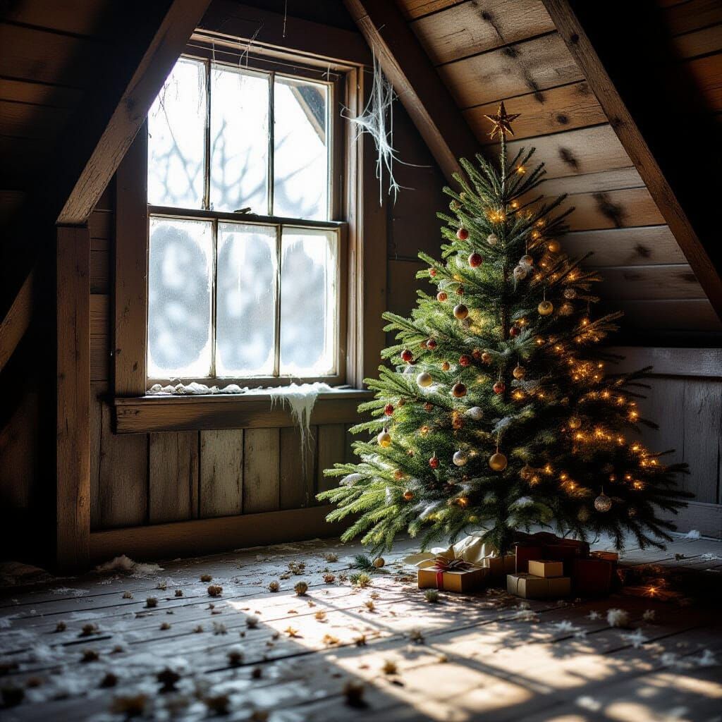 Forgotten Attic Christmas Tree in Matte Painting Style
