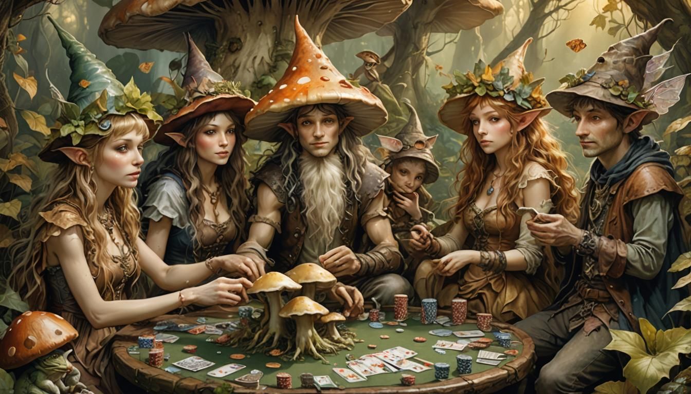 Whimsical Forest Faeries Gather Around a Mushroom Poker Game