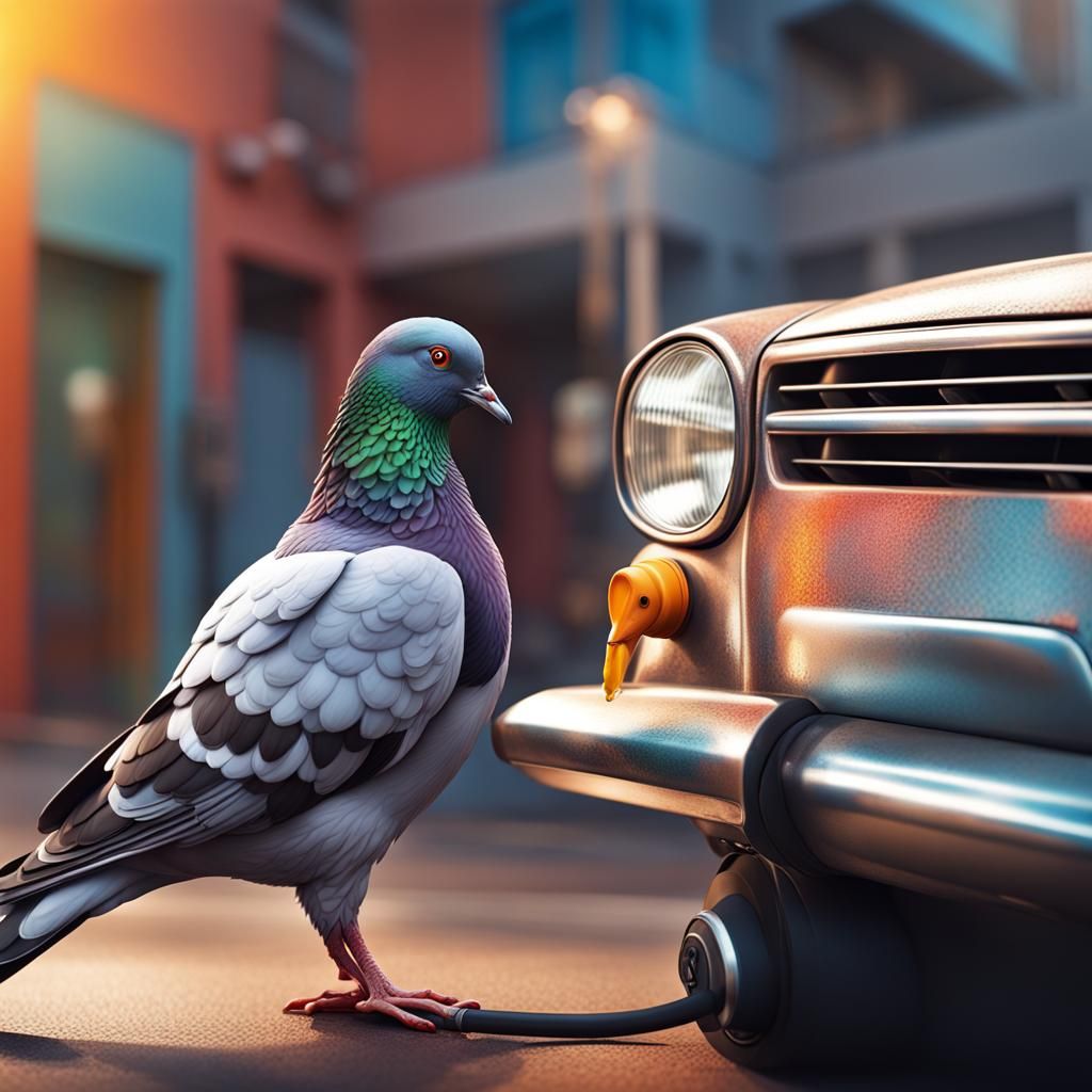 Pigeon Refuelling Car in Vibrant, Hyperrealistic Style
