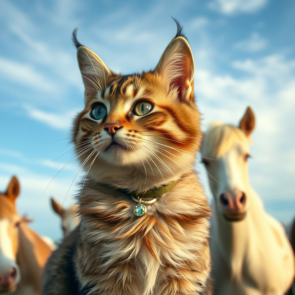 Mythical Unicorn Cat Plays with Realistic Horses in a Lush O...