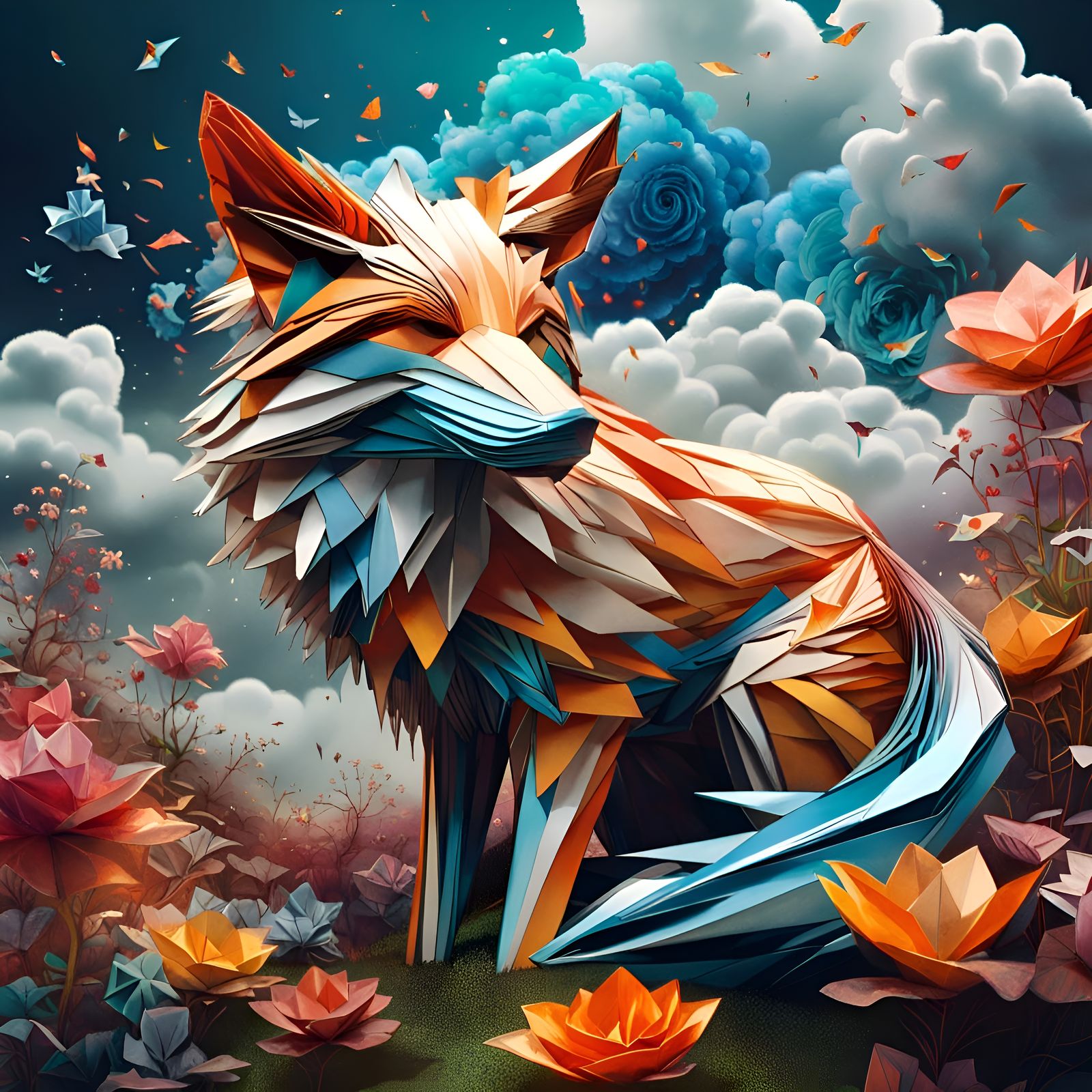 Origami Fox Whispers in Ephemeral Solarpunk Bloom