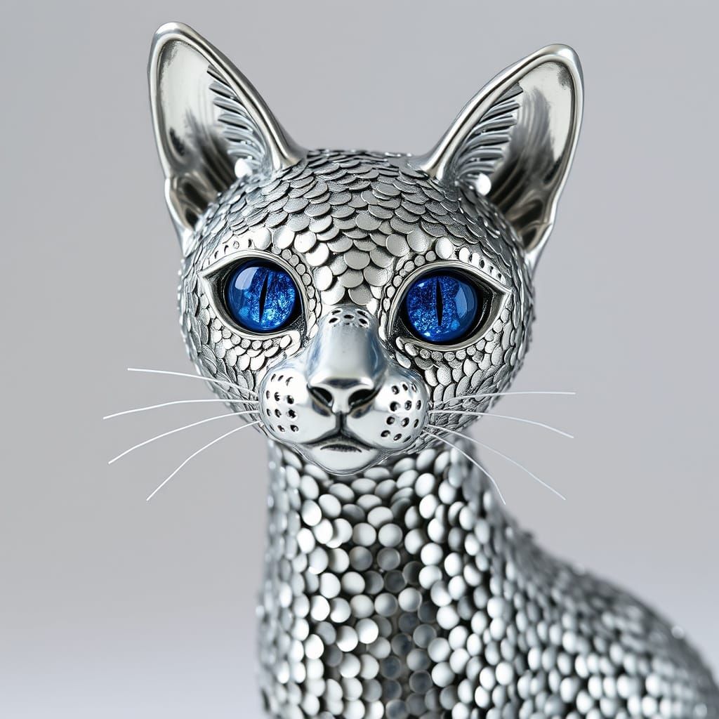 Elegant Art Deco Silver Cat Statue in Mosaic Sequins